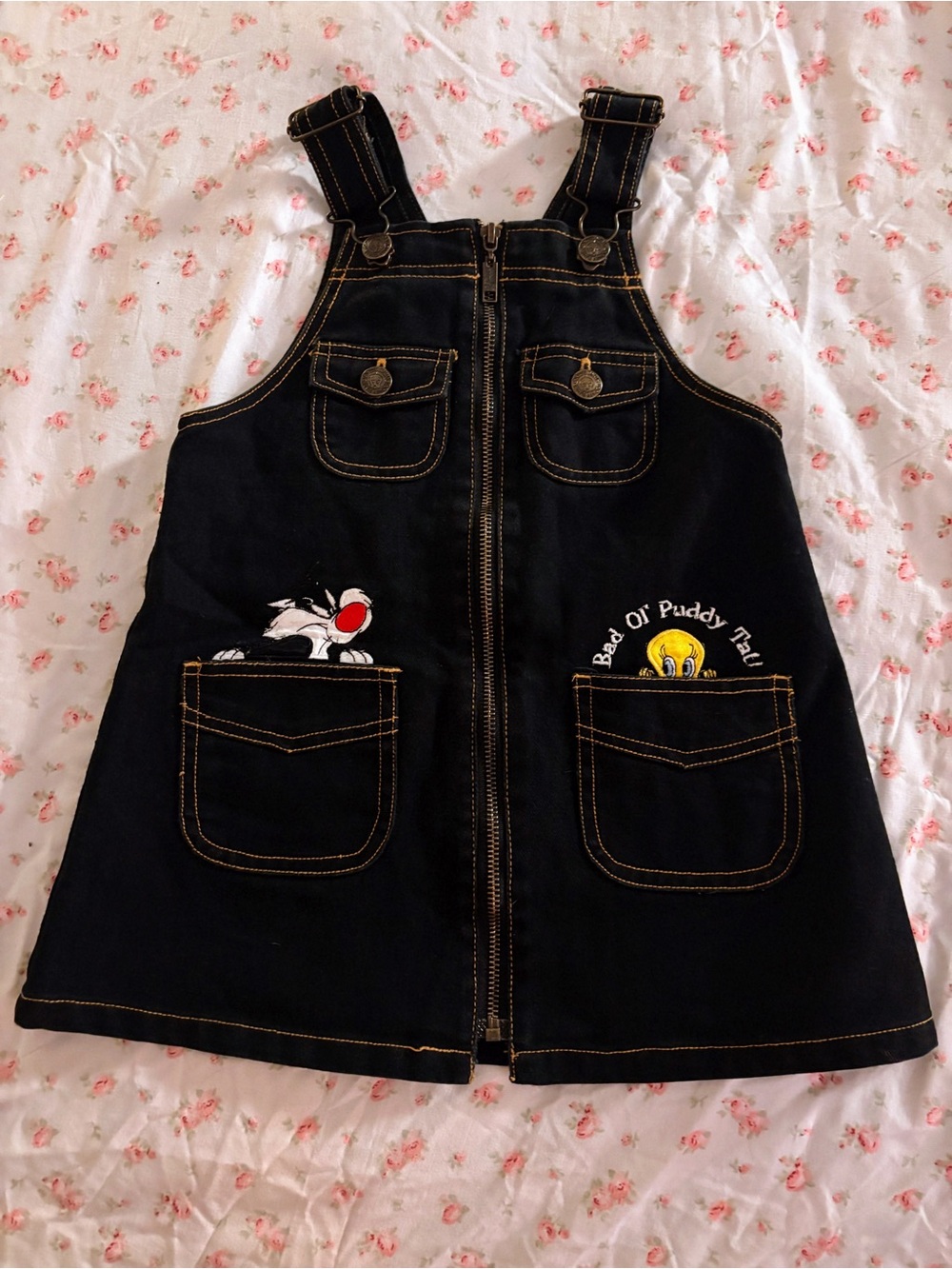 Throw Back Vintage Kids Dark Denim Zip-Front Overall Dress with Cartoon Pockets
